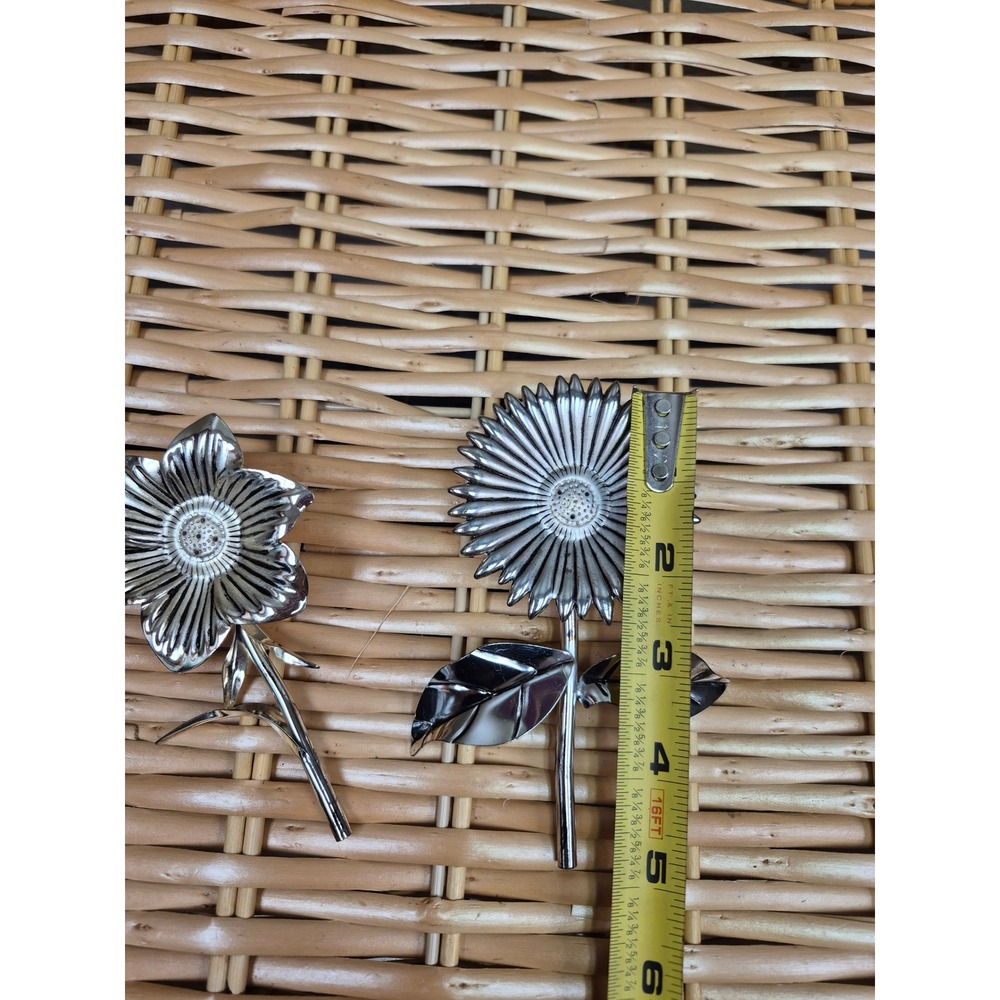 Vintage Silver Tone Flower Salt Pepper Shakers Set Sunflower Floral Stem Decor - Picture 8 of 8